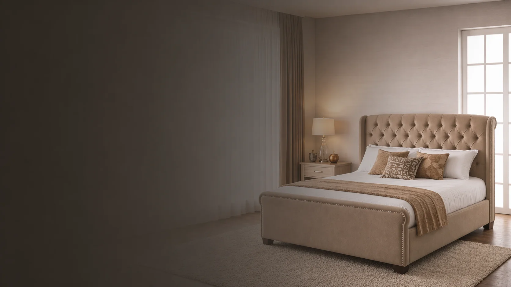 Upholstered divan bed with storage drawers in a modern UK bedroom