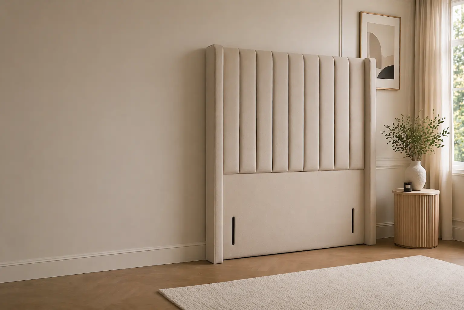 Floorstanding upholstered headboard in a modern UK bedroom with neutral decor