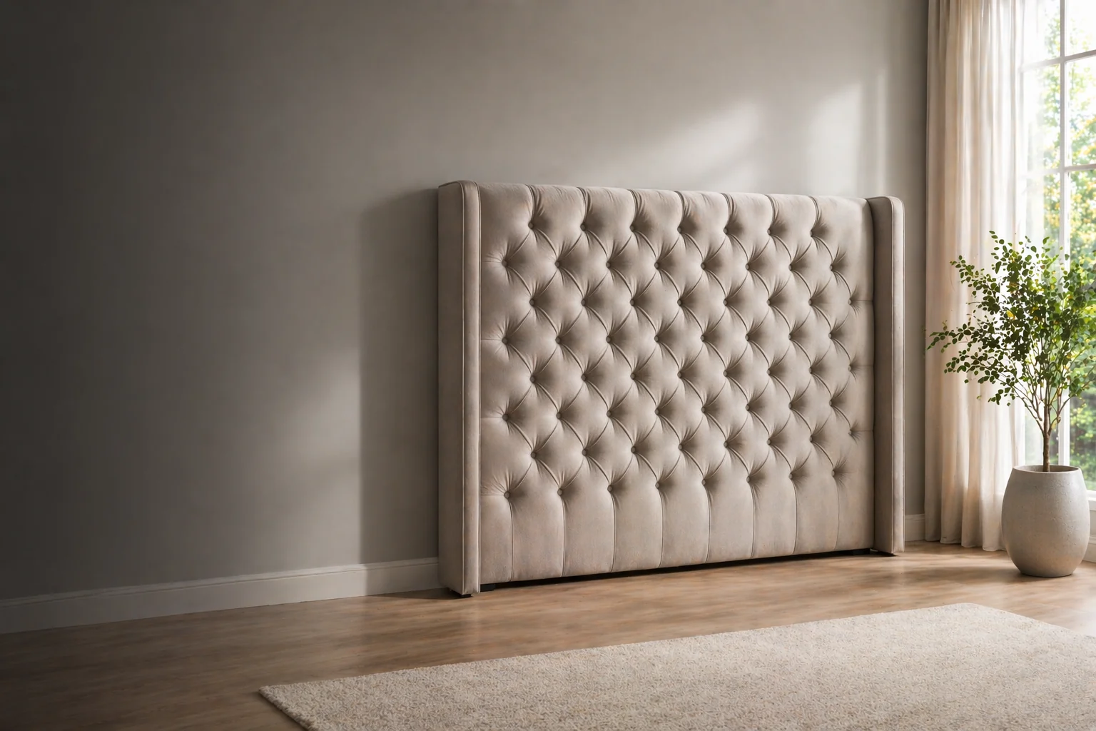 Upholstered floorstanding headboard in a modern UK bedroom with soft neutral decor