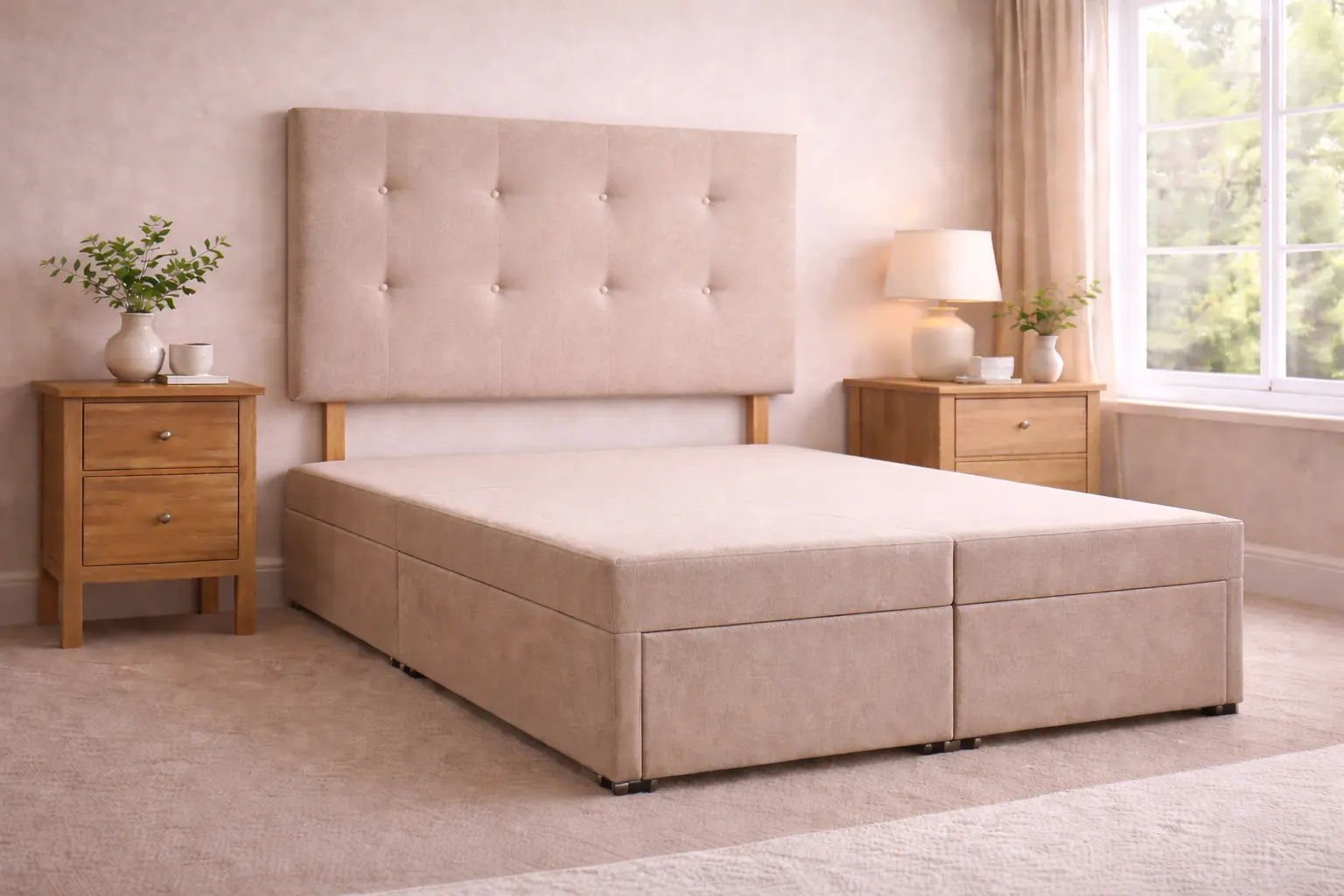 Strutted upholstered headboard in a modern UK bedroom with visible support legs