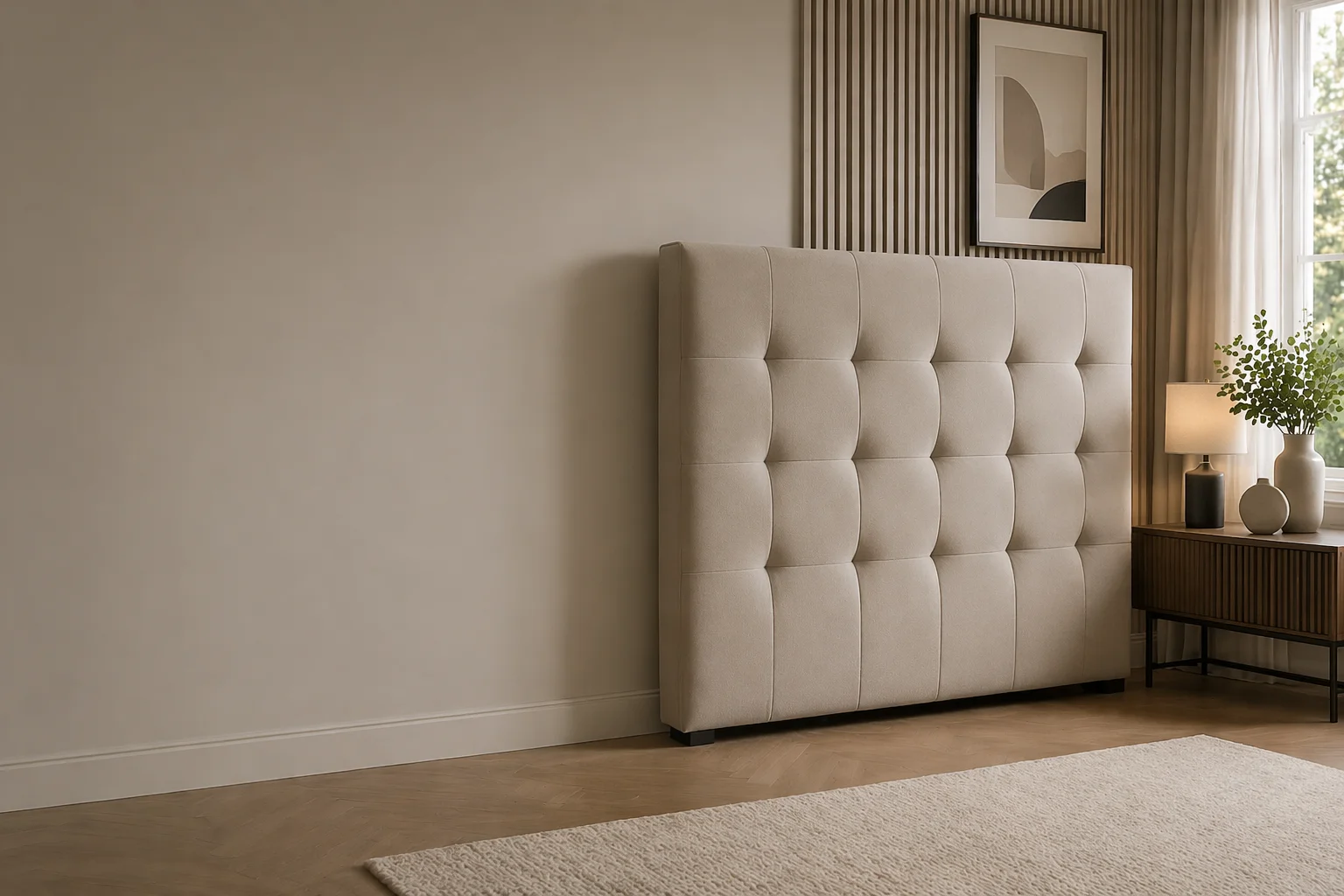 Upholstered headboard in a modern UK bedroom with soft neutral styling