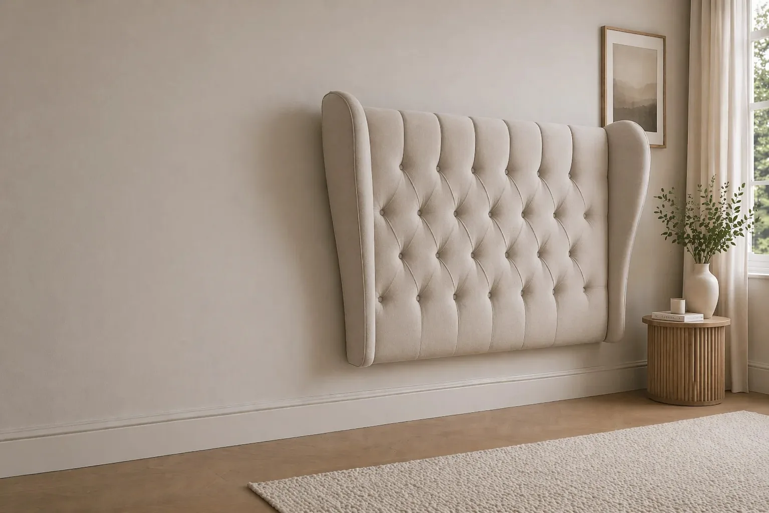 Cream tufted wing wall-mounted headboard in a contemporary bedroom setting