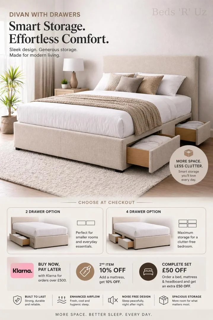 Storage bed construction and drawer layout overview