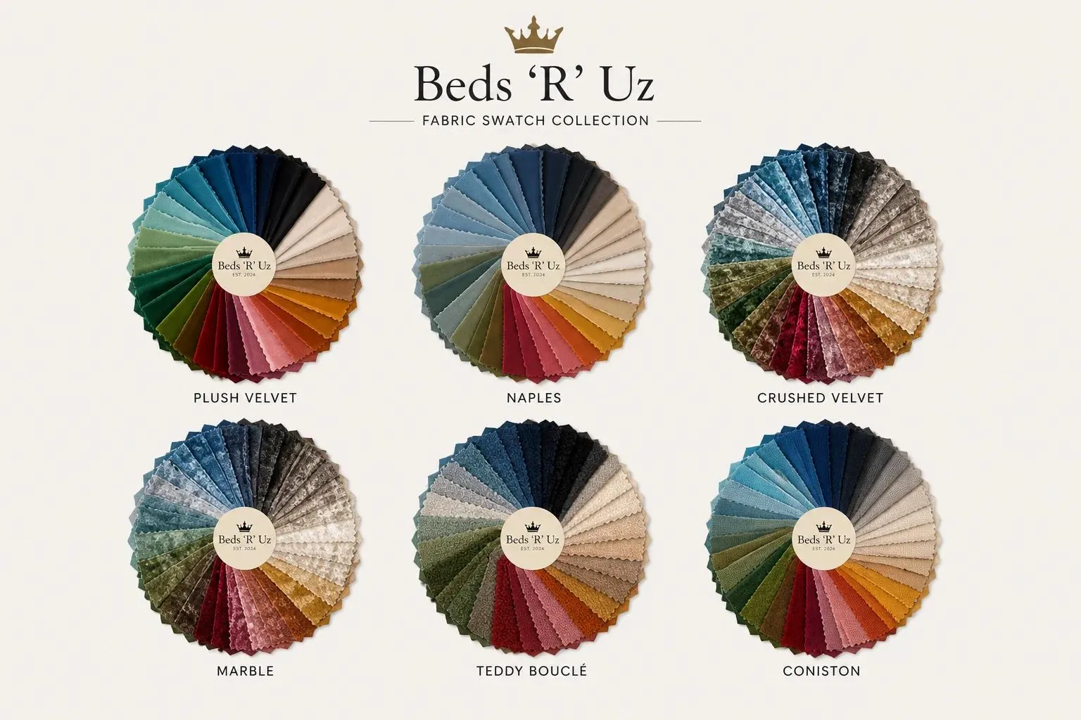 Beds 'R' Uz Fabric Swatch Collection showing Plush Velvet, Naples, Crushed Velvet, Marble, Teddy Bouclé, and Coniston fabric ranges