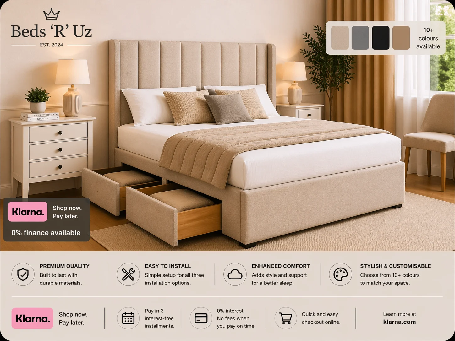 Chelsea 4 drawer divan bed with built-in storage in modern UK bedroom