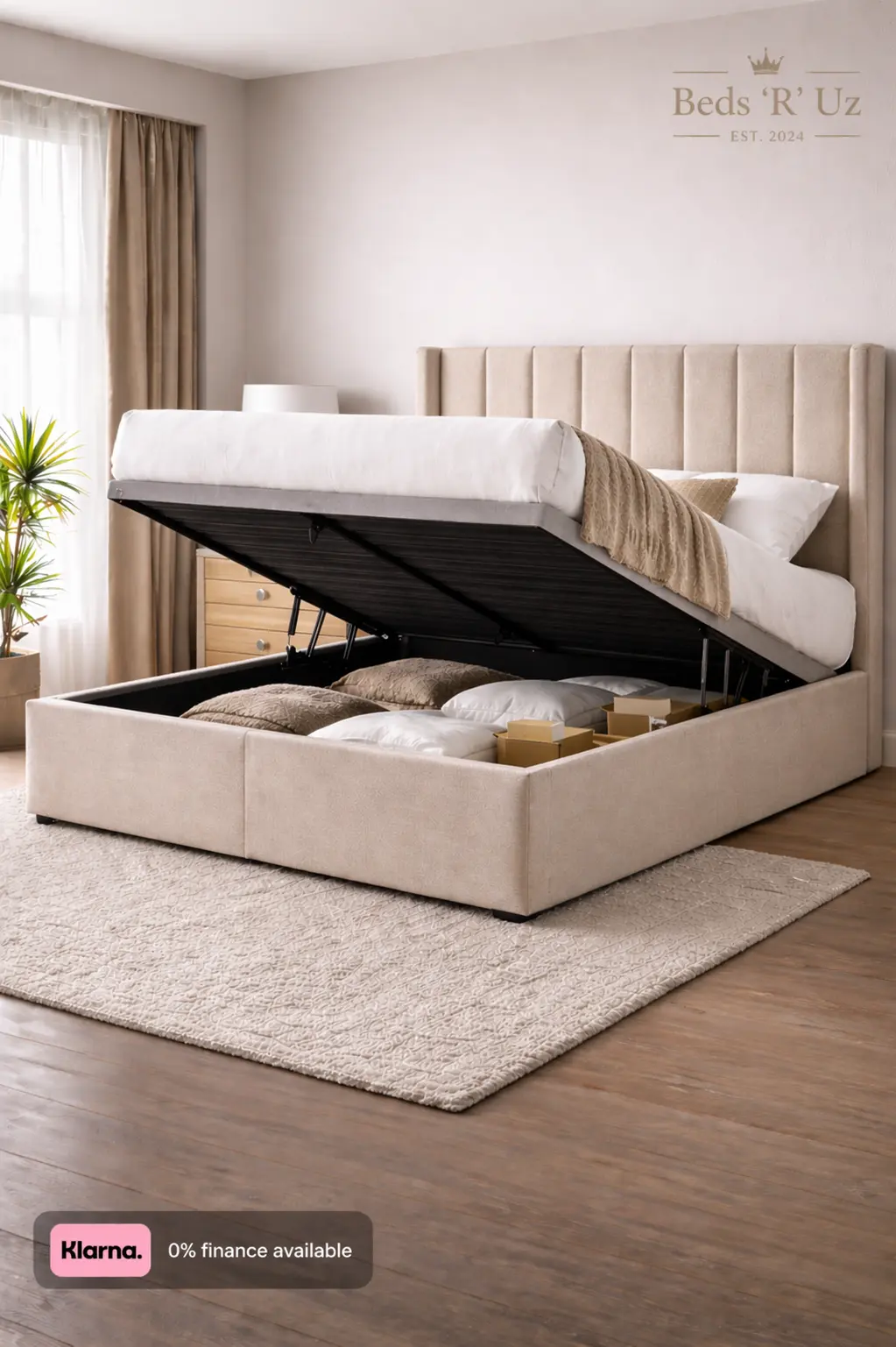 Chelsea ottoman storage bed with lift-up base in modern UK bedroom