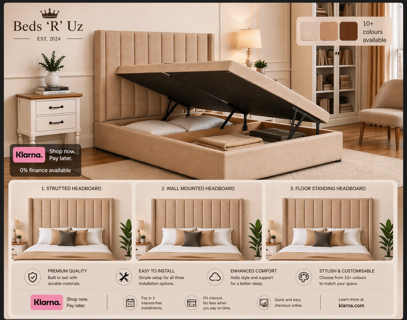 Chelsea side lift ottoman storage bed with easy side opening in modern UK bedroom