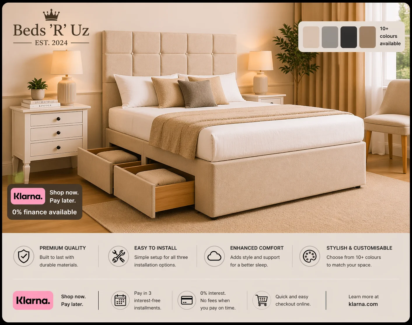 Devon 4 drawer divan bed with built-in storage in modern UK bedroom