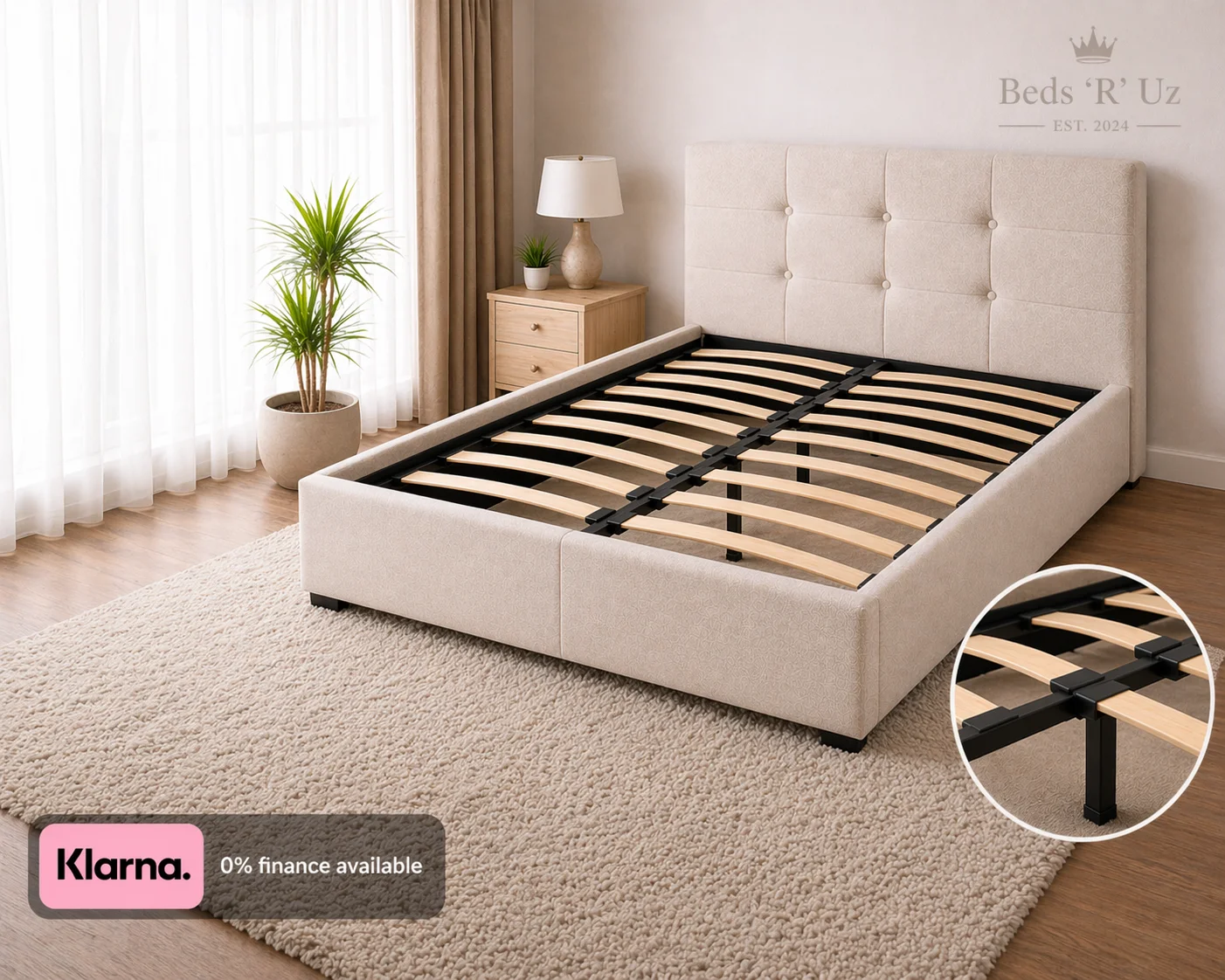Devon upholstered bed frame with slatted base in stylish UK bedroom
