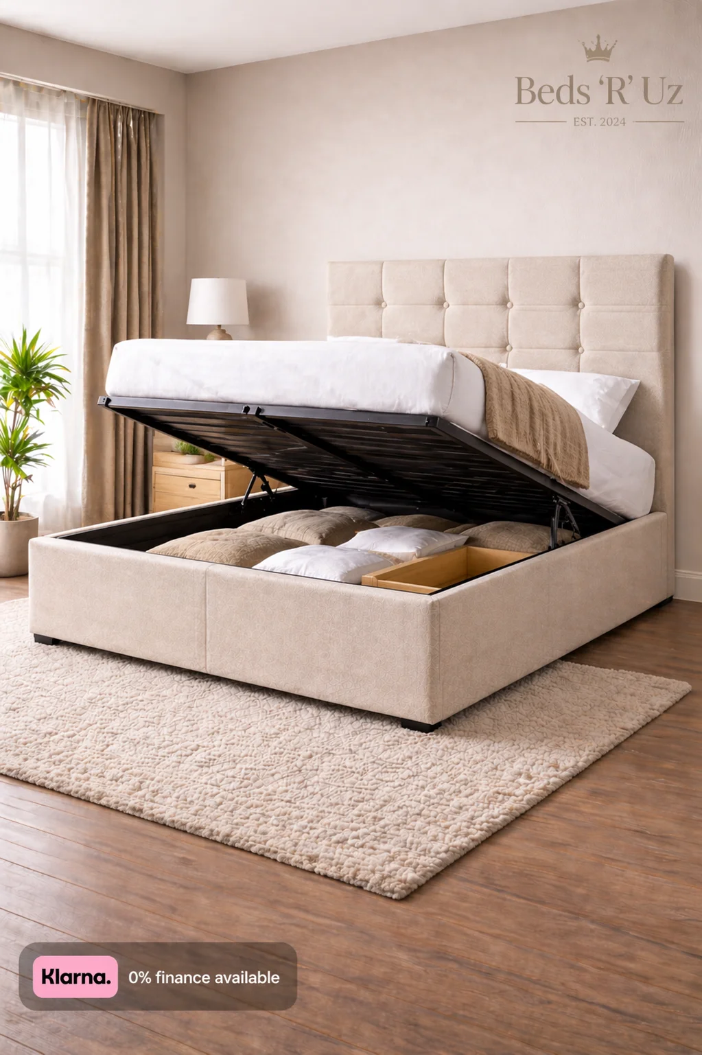 Devon ottoman storage bed with lift-up base in modern UK bedroom