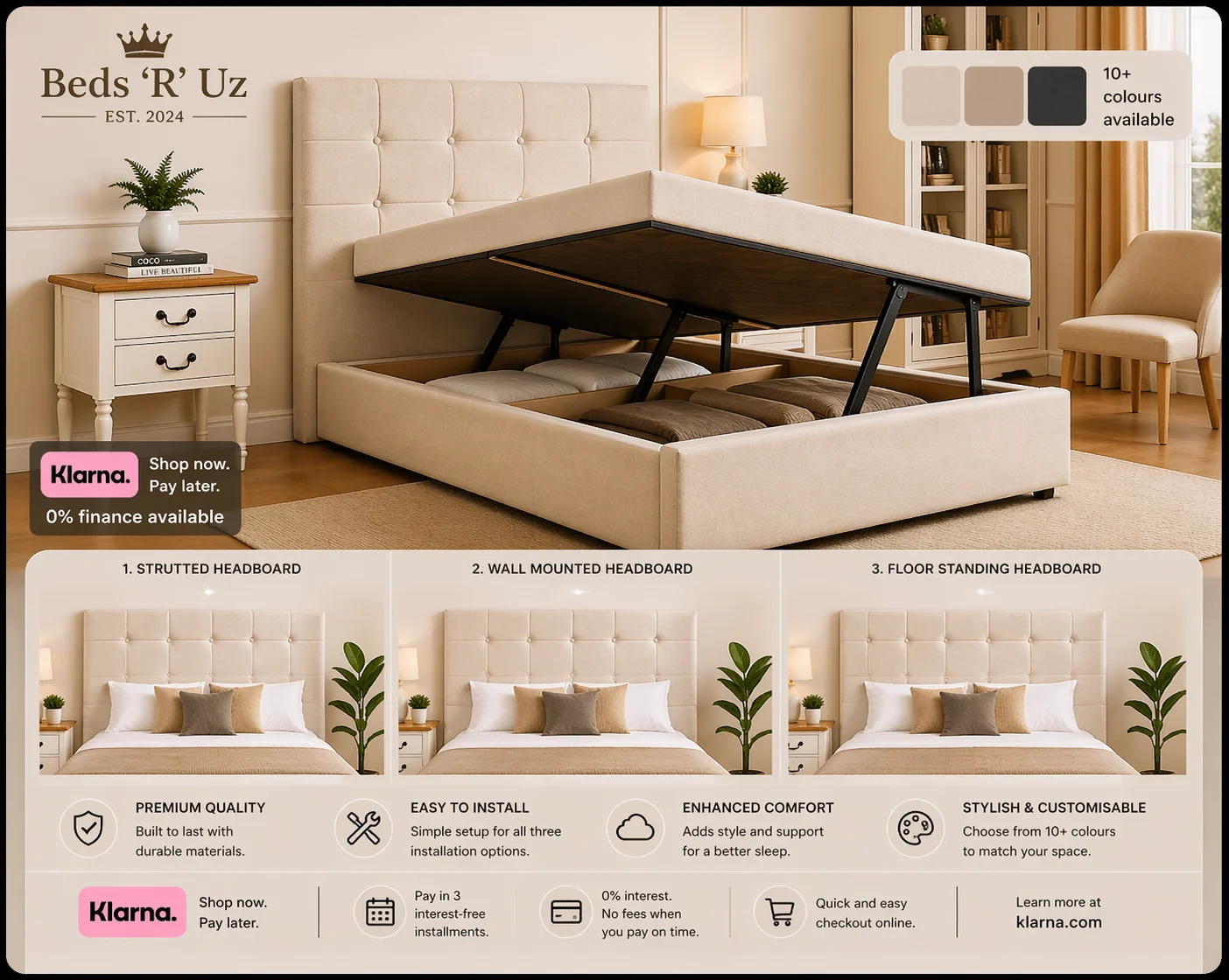 Devon side lift ottoman storage bed with easy side opening in modern UK bedroom