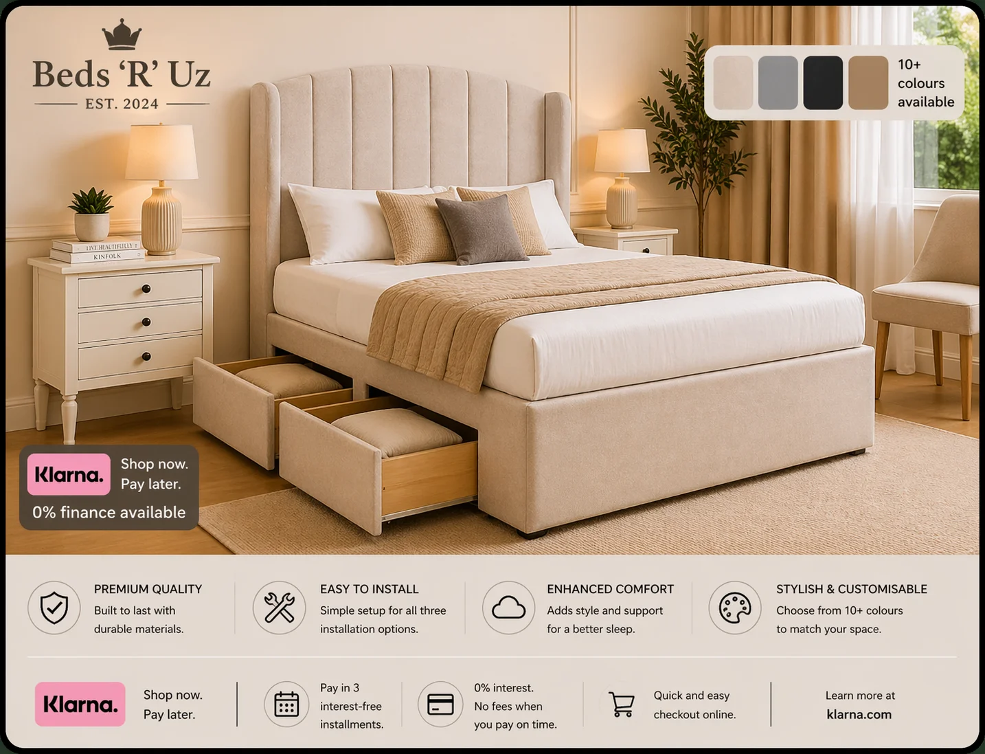 Hampton 4 drawer divan bed with built-in storage in modern UK bedroom