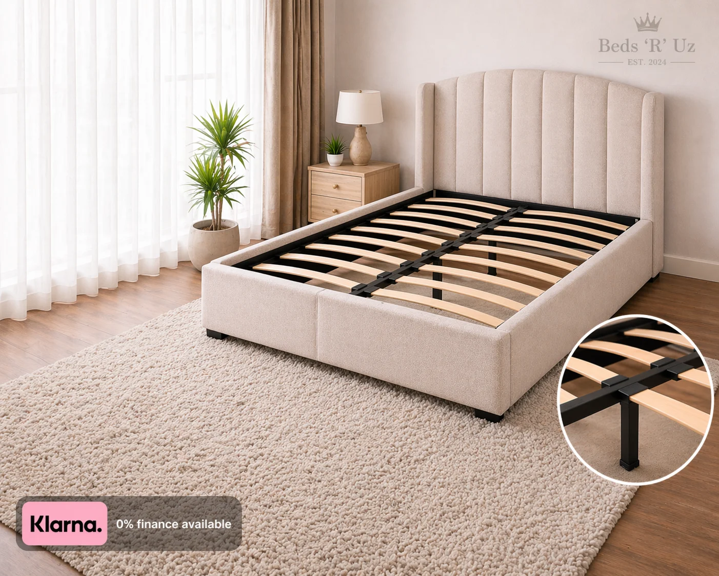 Hampton upholstered bed frame with slatted base in stylish UK bedroom