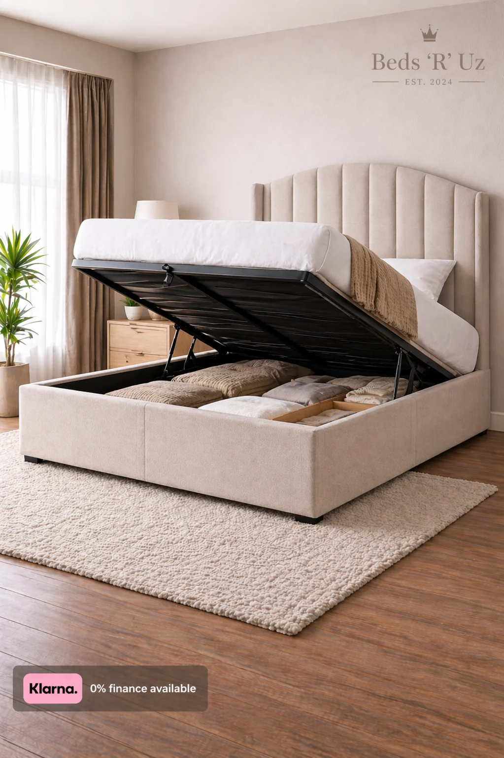 Hampton ottoman storage bed with lift-up base in modern UK bedroom
