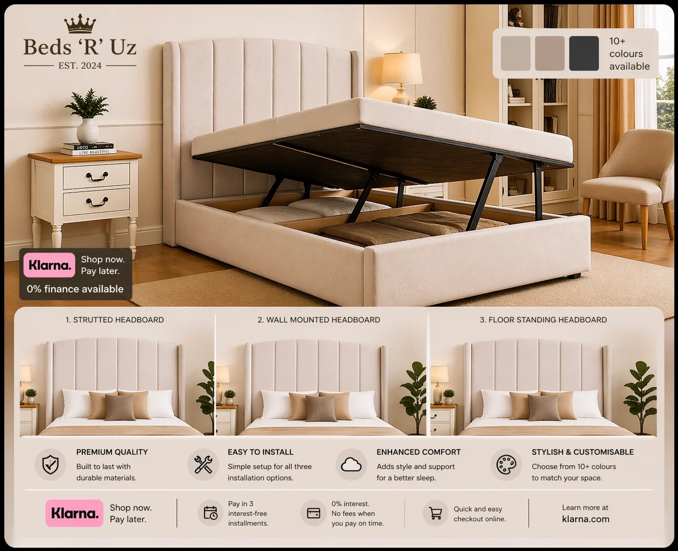 Hampton side lift ottoman storage bed with easy side opening in modern UK bedroom