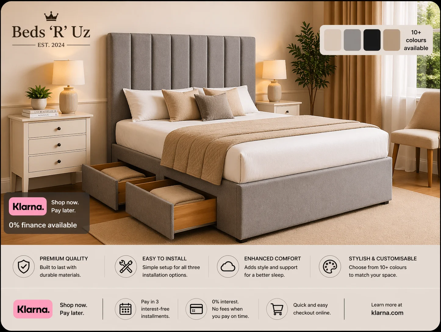 Kensington 4 drawer divan bed with built-in storage in modern UK bedroom