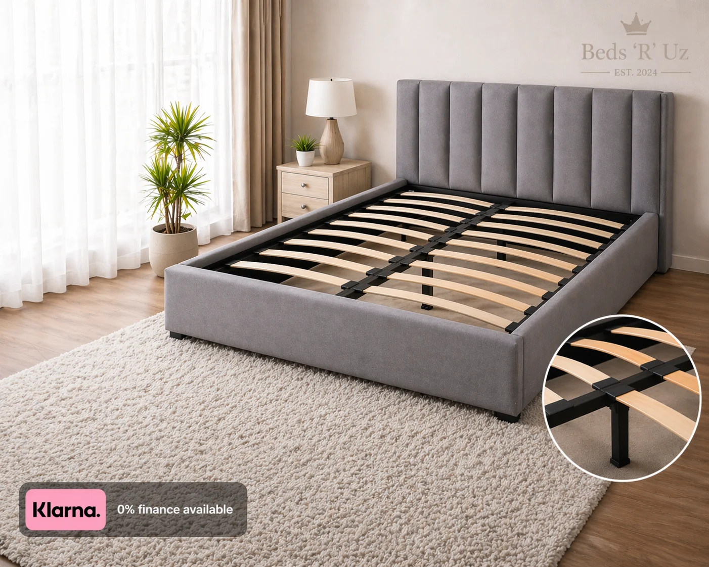 Kensington upholstered bed frame with slatted base in stylish UK bedroom