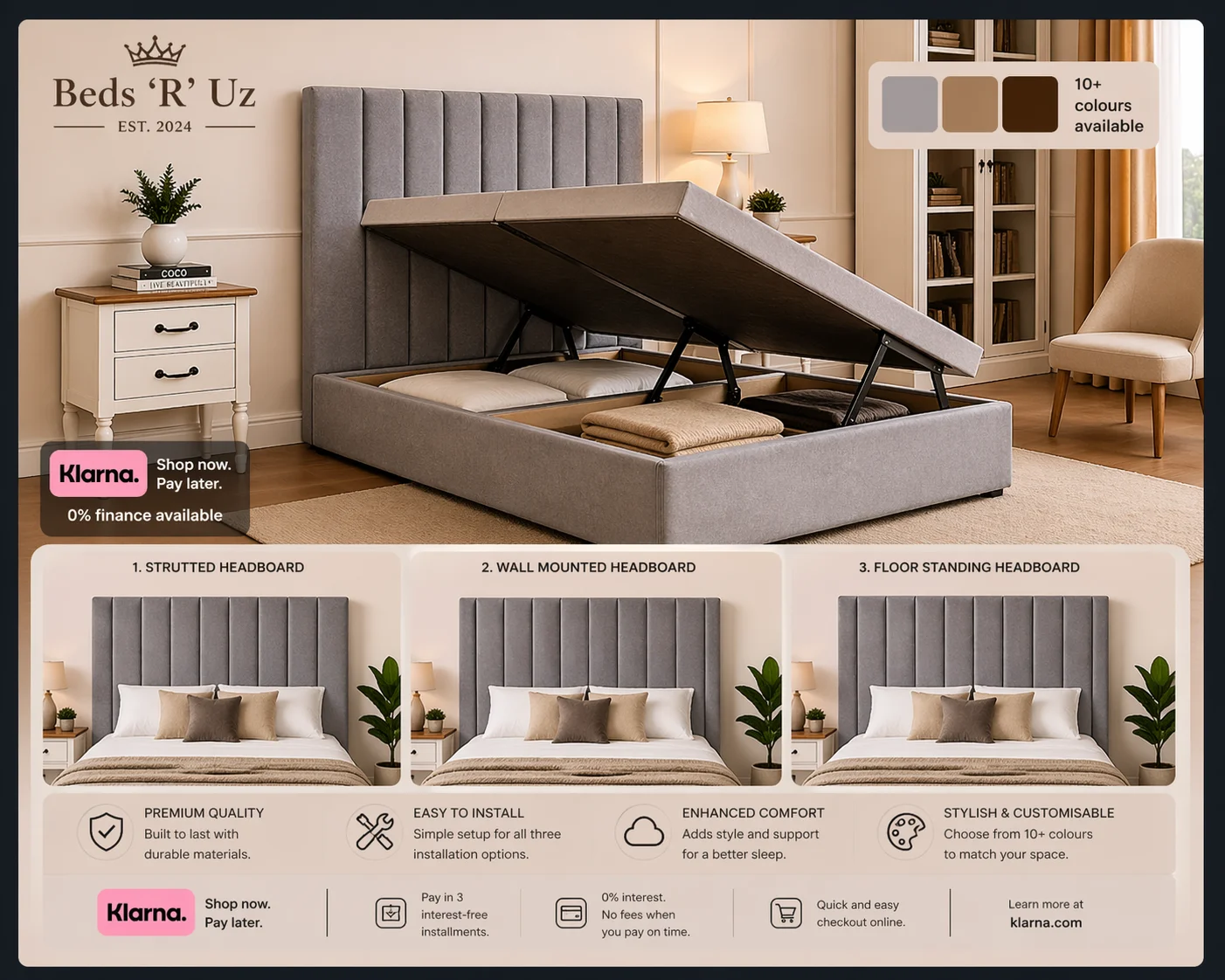 Kensington side lift ottoman storage bed with easy side opening in modern UK bedroom