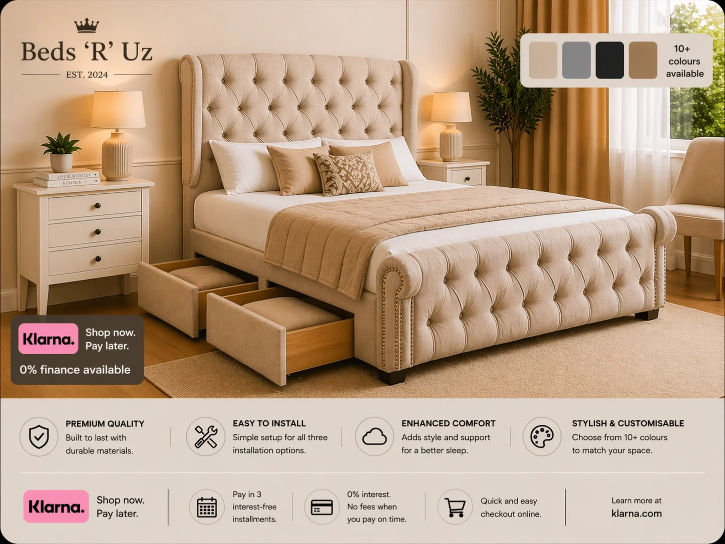 Mayfair 4 drawer divan bed with built-in storage in modern UK bedroom
