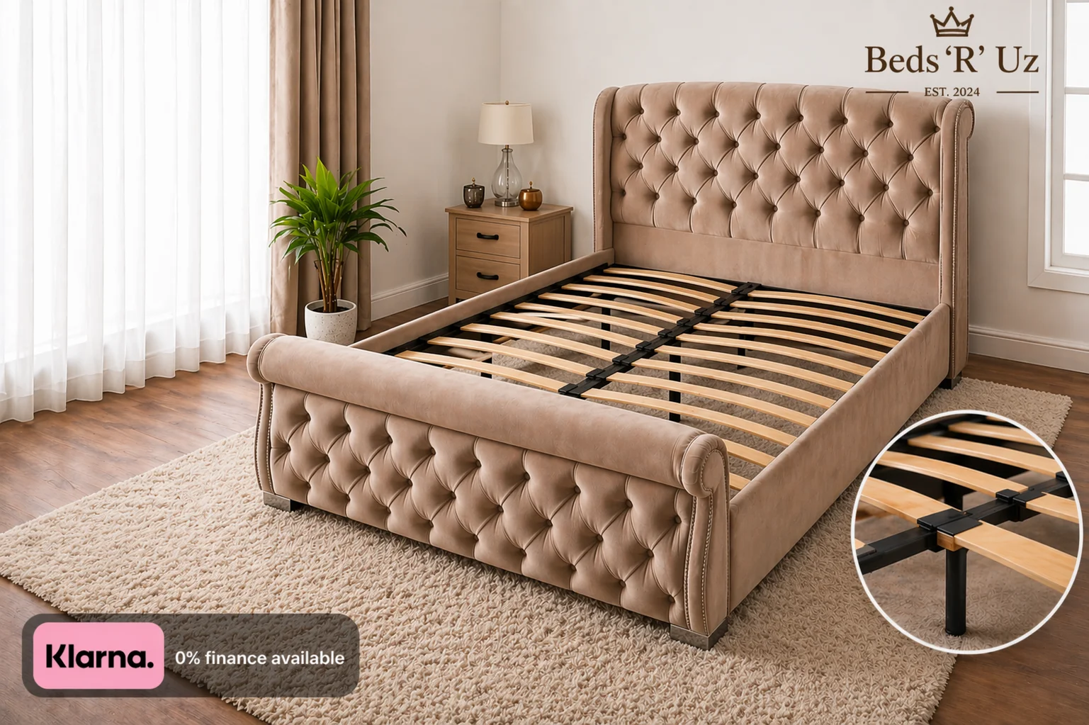 Mayfair upholstered bed frame with slatted base in stylish UK bedroom