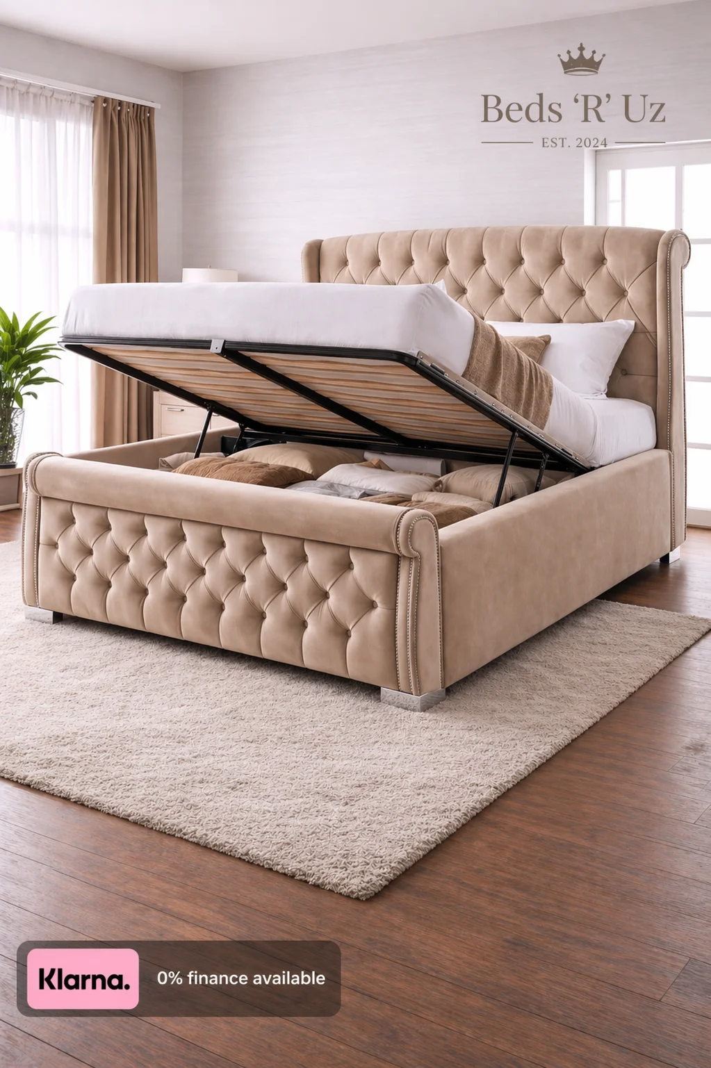 Mayfair ottoman storage bed with lift-up base in modern UK bedroom