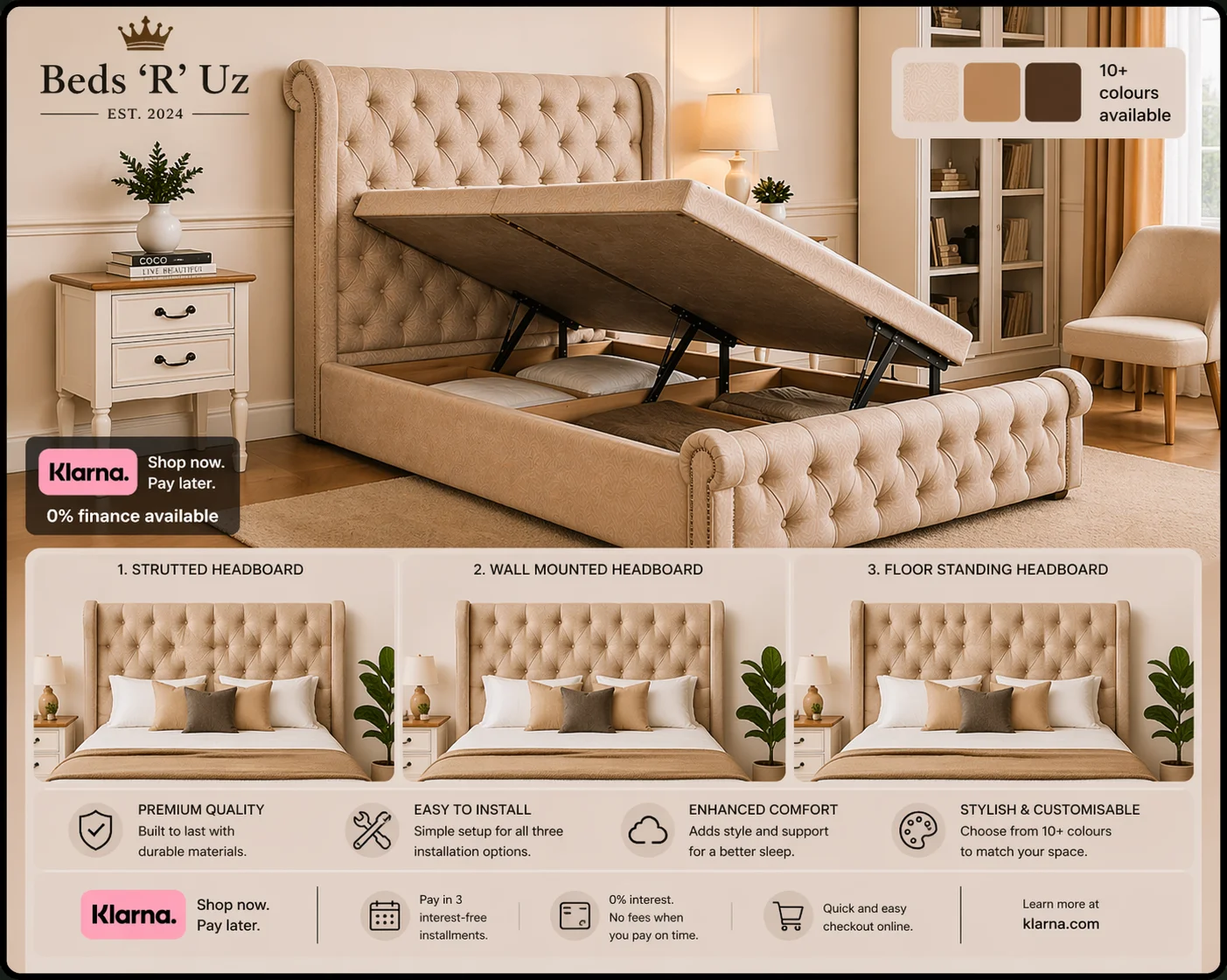 Mayfair side lift ottoman storage bed with easy side opening in modern UK bedroom