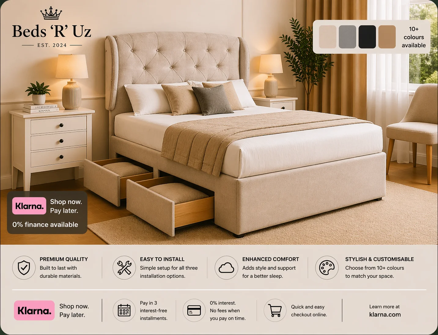 Oxford 4 drawer divan bed with built-in storage in modern UK bedroom