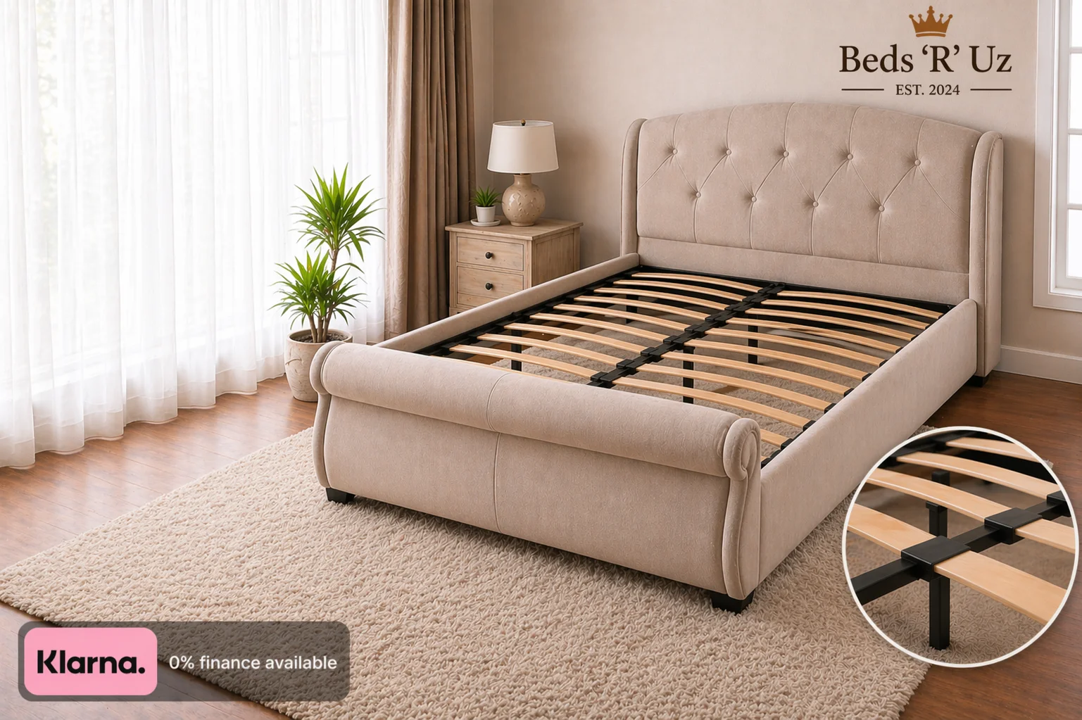 Oxford upholstered bed frame with slatted base in stylish UK bedroom
