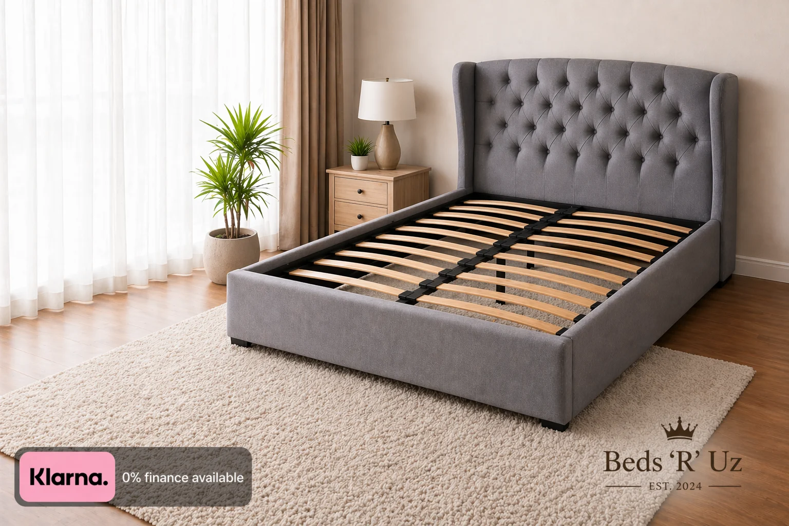 Richmond upholstered bed frame with slatted base in stylish UK bedroom