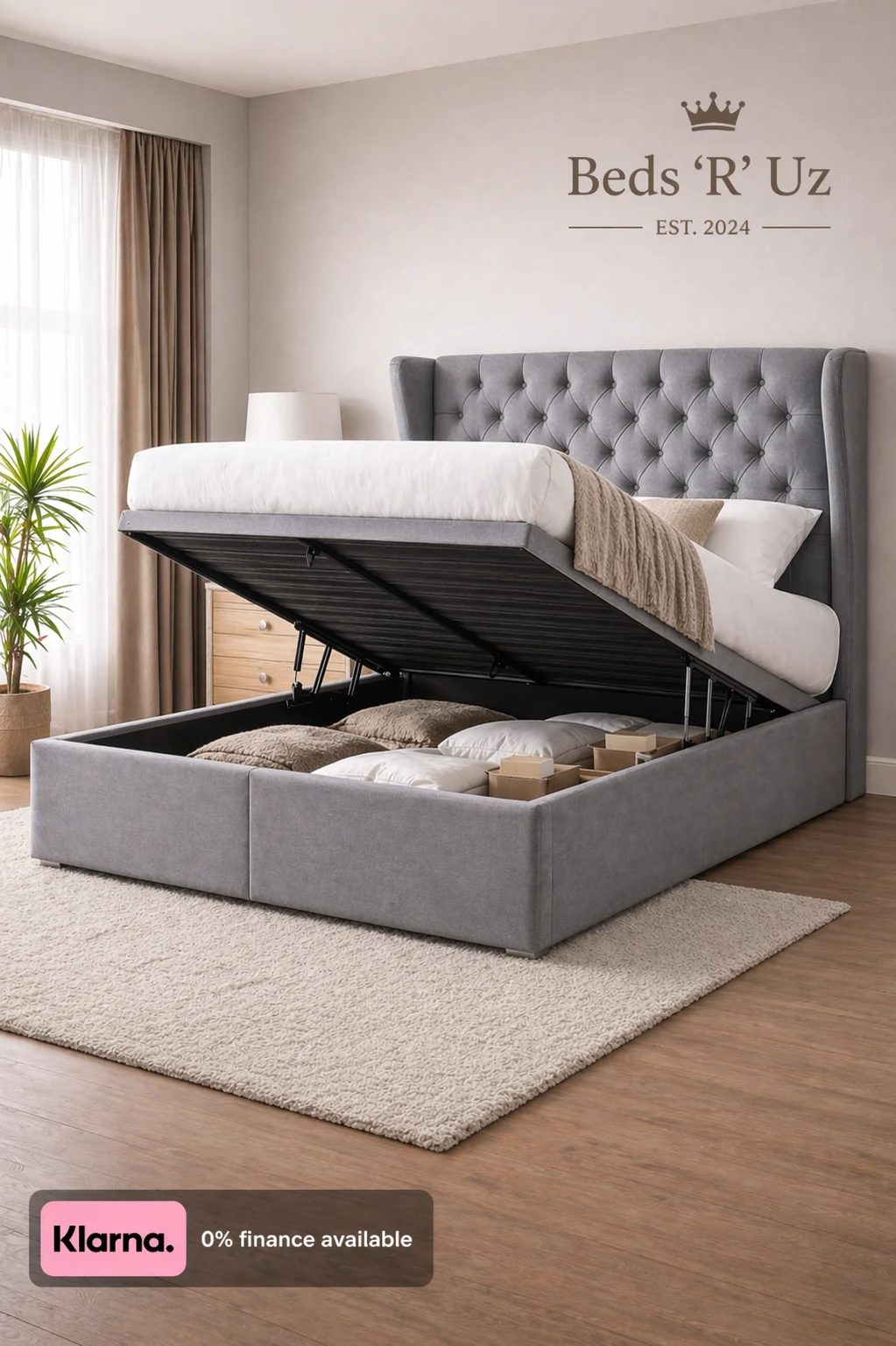 Richmond ottoman storage bed with lift-up base in modern UK bedroom
