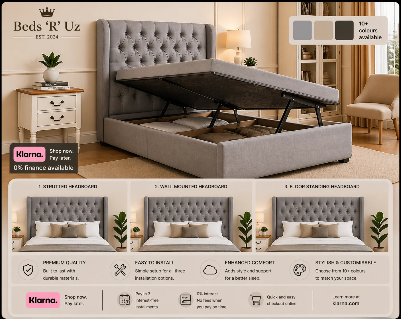 Richmond side lift ottoman storage bed with easy side opening in modern UK bedroom