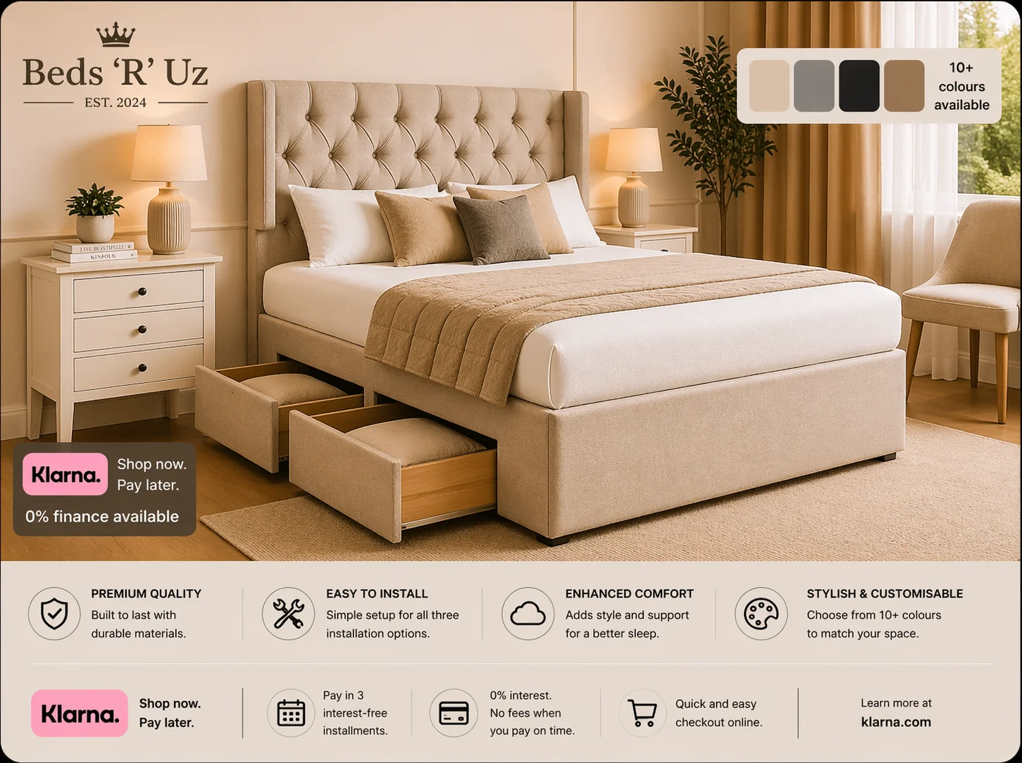 Windsor 4 drawer divan bed with built-in storage in modern UK bedroom