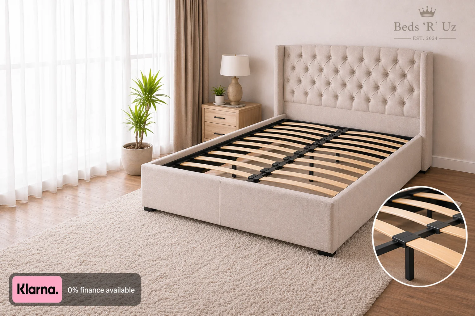 Windsor upholstered bed frame with slatted base in stylish UK bedroom