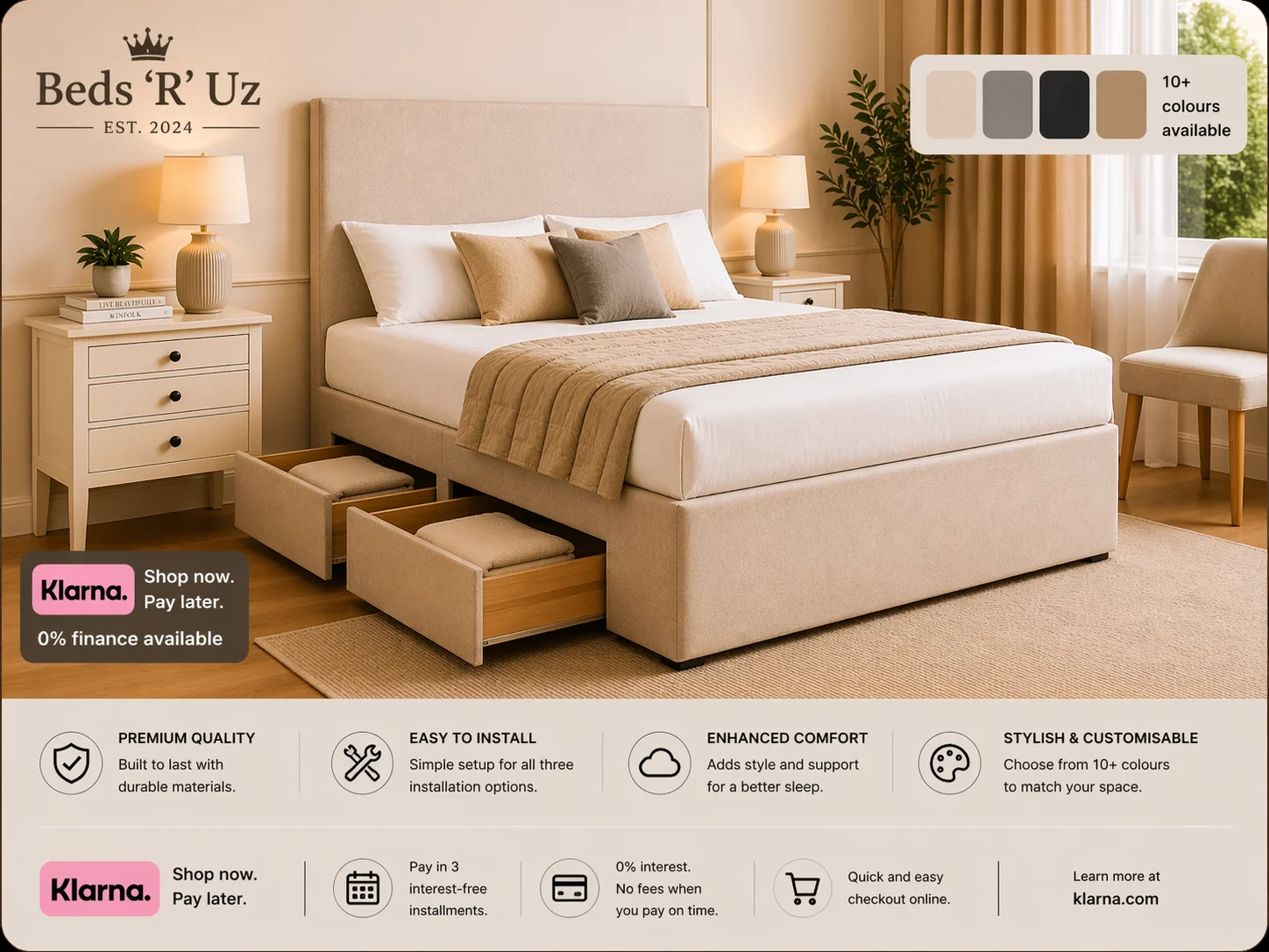 York 4 drawer divan bed with built-in storage in modern UK bedroom
