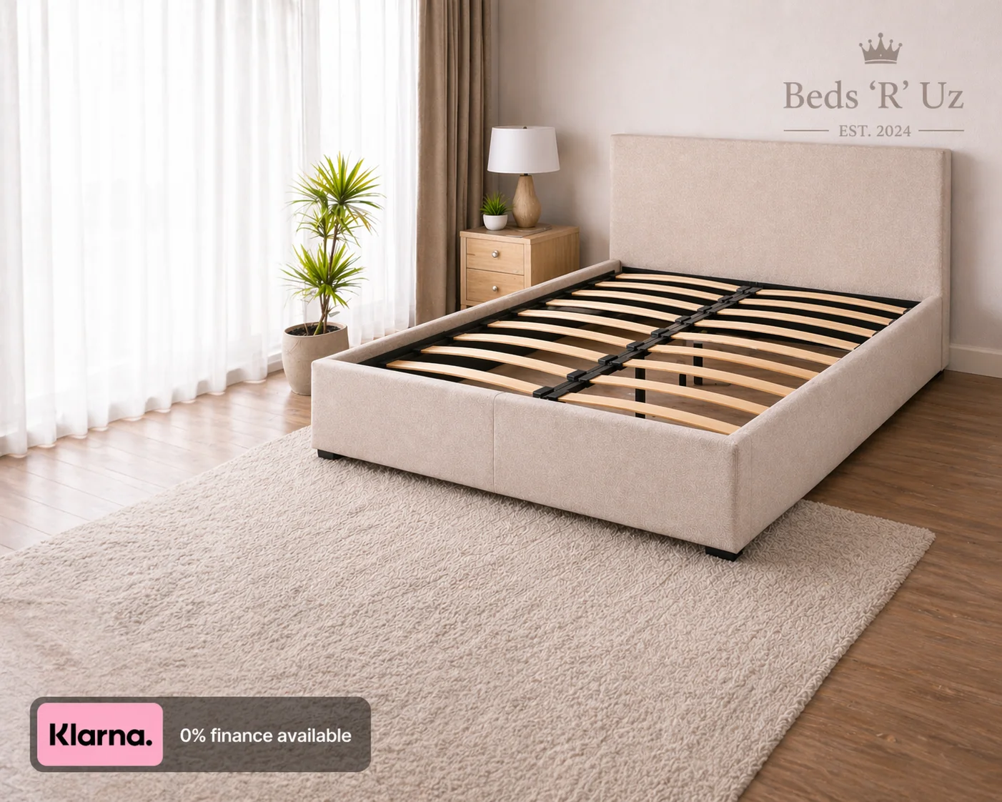 York upholstered bed frame with slatted base in stylish UK bedroom
