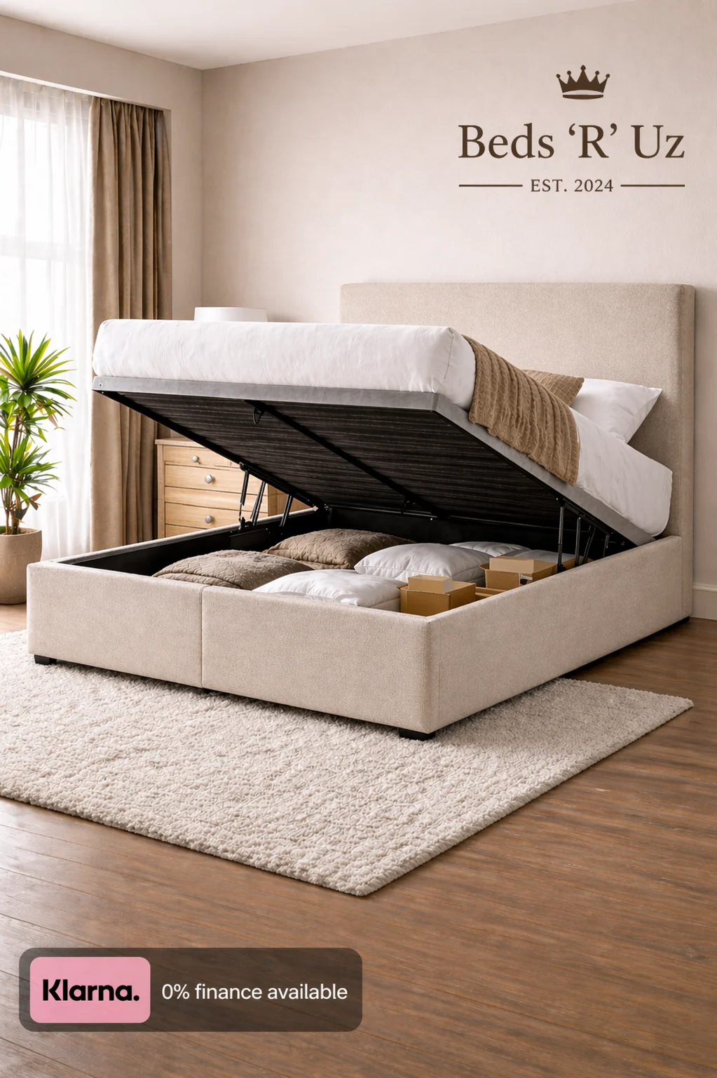 York ottoman storage bed with lift-up base in modern UK bedroom