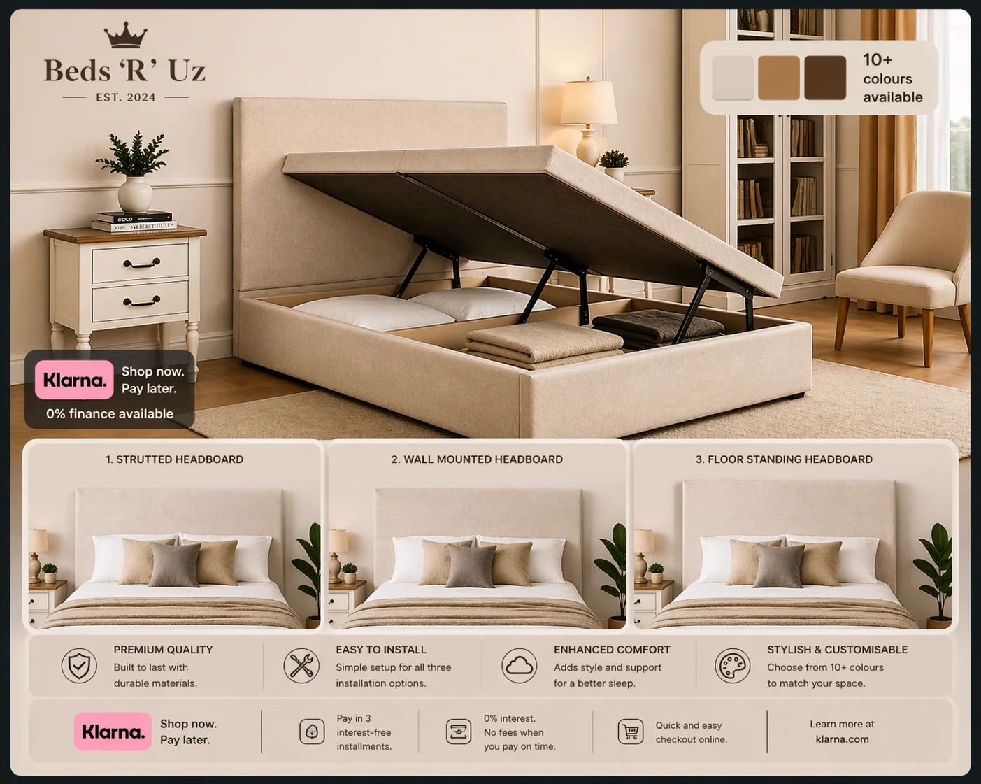York side lift ottoman storage bed with easy side opening in modern UK bedroom