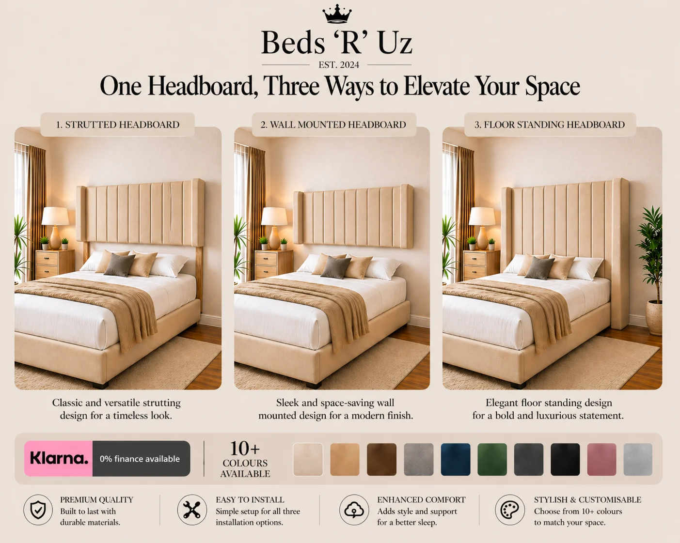 Chelsea strutted headboard with upholstered finish and easy bed-frame attachment in stylish UK bedroom