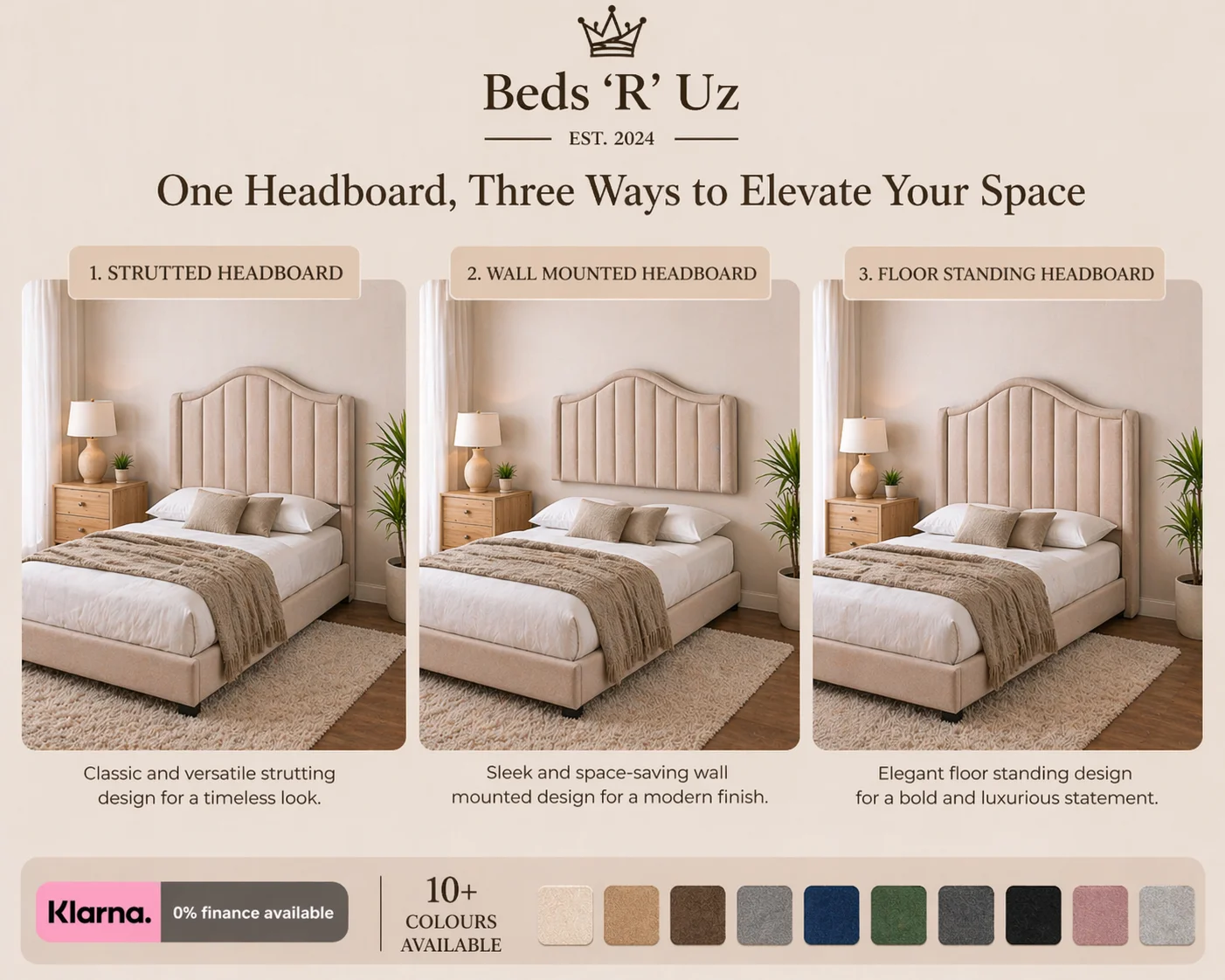 Clifton strutted headboard with upholstered finish and easy bed-frame attachment in stylish UK bedroom