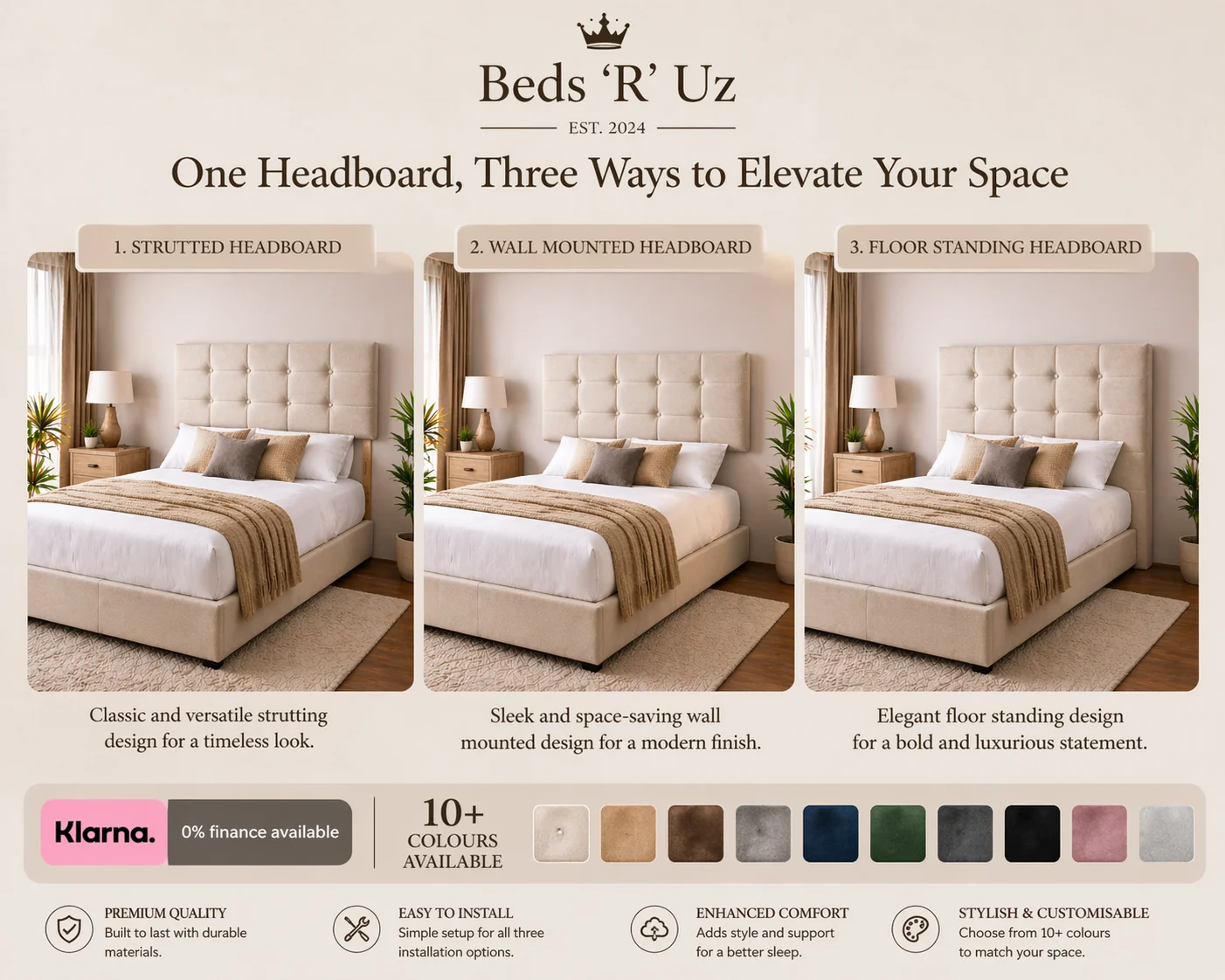 Devon strutted headboard with upholstered finish and easy bed-frame attachment in stylish UK bedroom