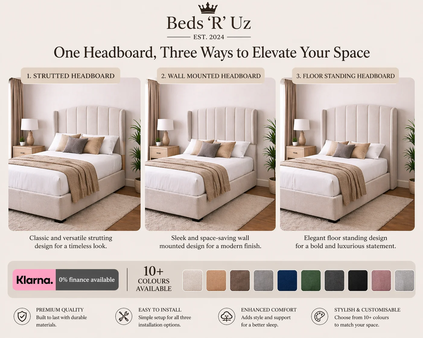 Hampton floor standing headboard with full-height upholstered finish in modern UK bedroom