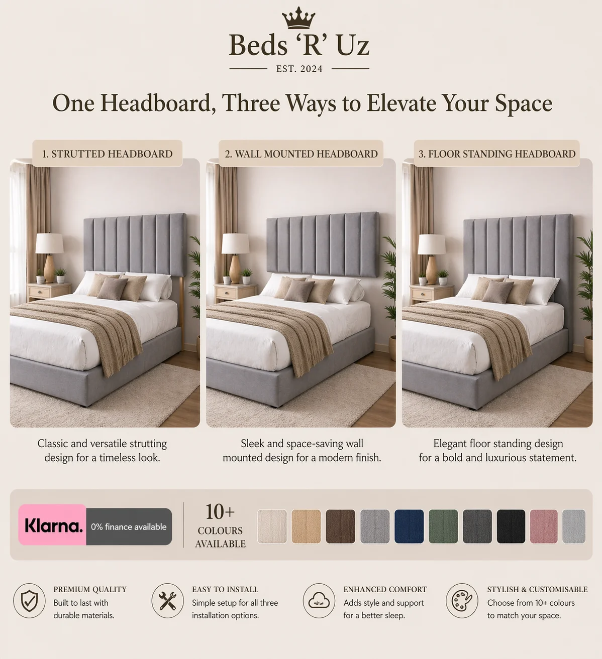 Kensington wall mounted headboard with floating upholstered finish in modern UK bedroom