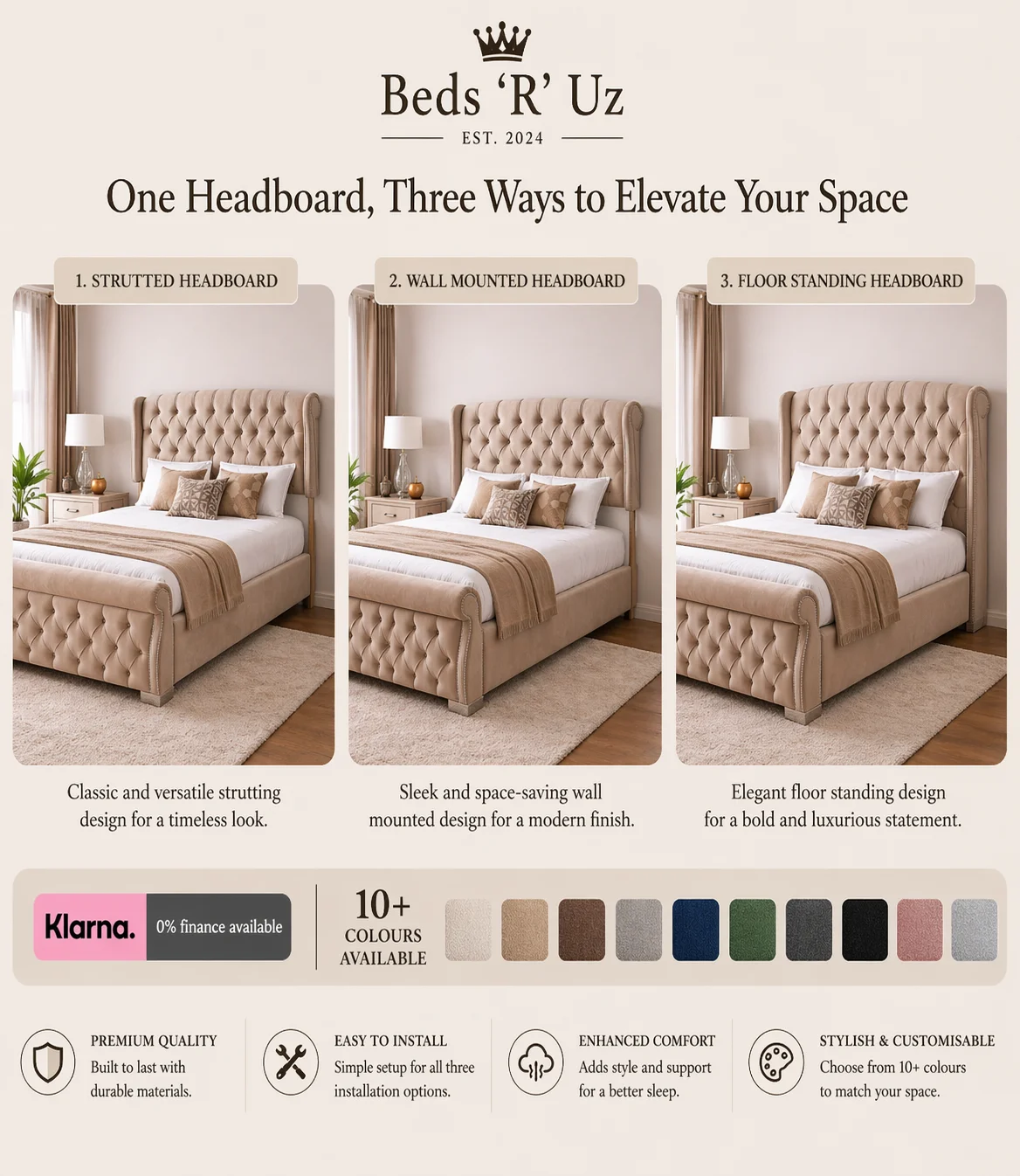Mayfair floor standing headboard with full-height upholstered finish in modern UK bedroom