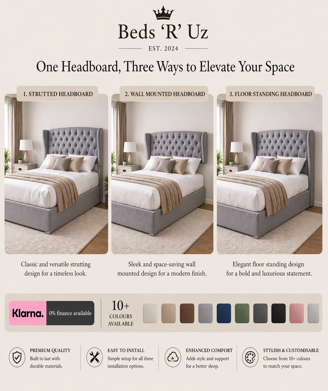 Richmond wall mounted headboard with floating upholstered finish in modern UK bedroom