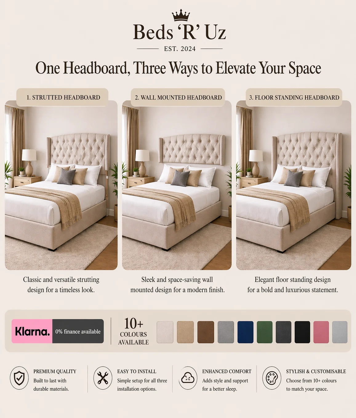 Windsor wall mounted headboard with floating upholstered finish in modern UK bedroom