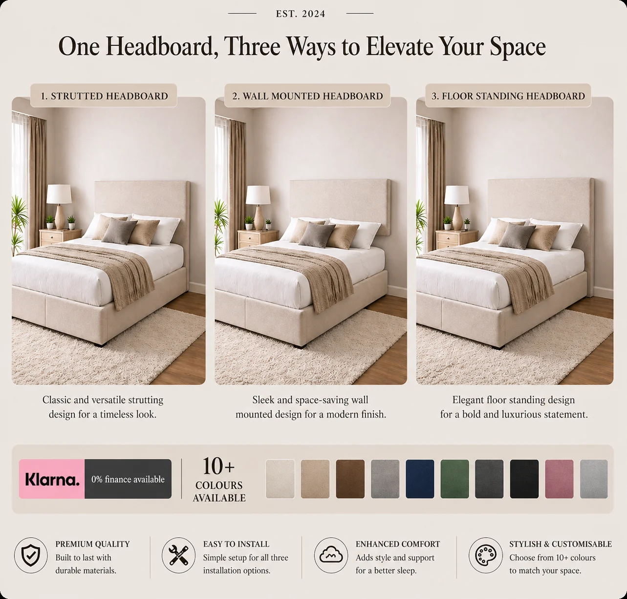 York strutted headboard with upholstered finish and easy bed-frame attachment in stylish UK bedroom