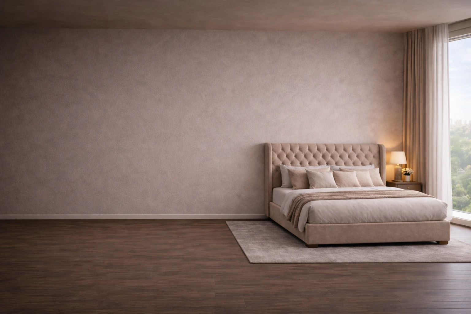 Luxury upholstered bed in a modern UK bedroom with soft neutral styling