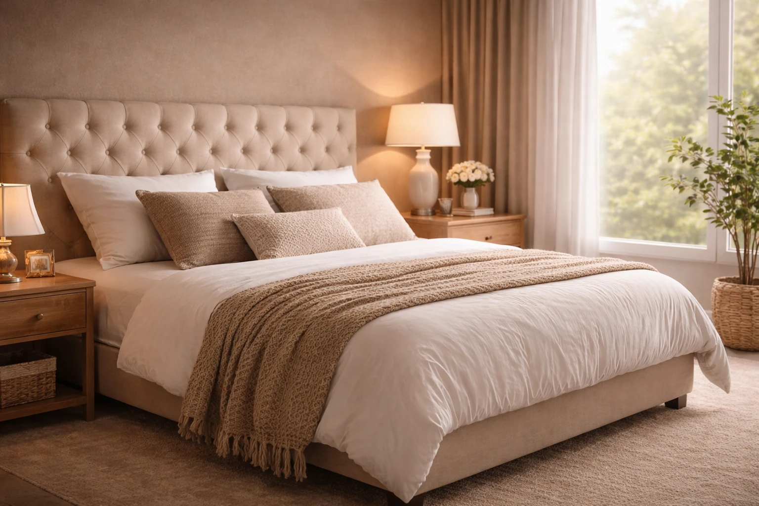 Modern UK bedroom with upholstered bed, soft neutral styling and warm natural light