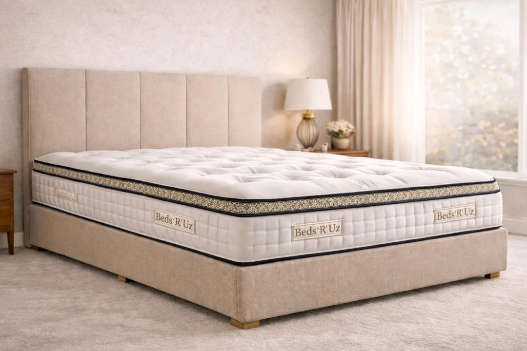 Luxury mattress in a modern UK bedroom with upholstered bed and soft neutral styling