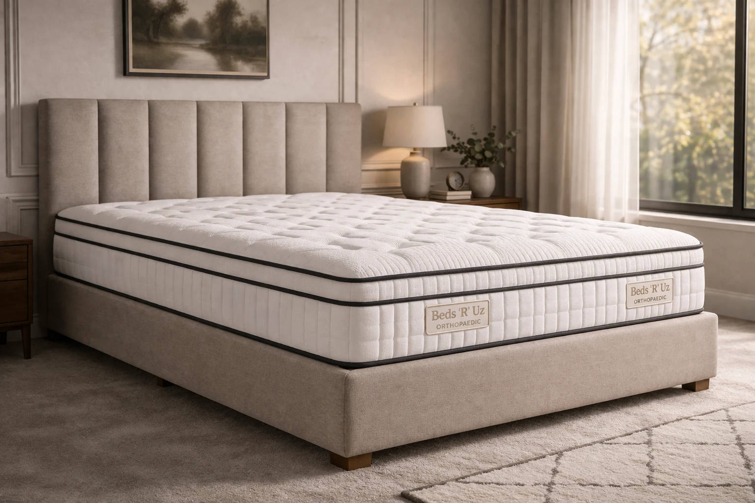 Firm orthopaedic mattress in a modern UK bedroom with upholstered bed and soft neutral styling
